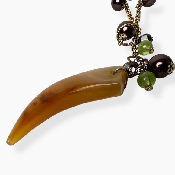 Necklace Horn Pendant Acrylic Brown Green Beads 2-Strand Chain Gold Tone Boho - Picture 10 of 11
